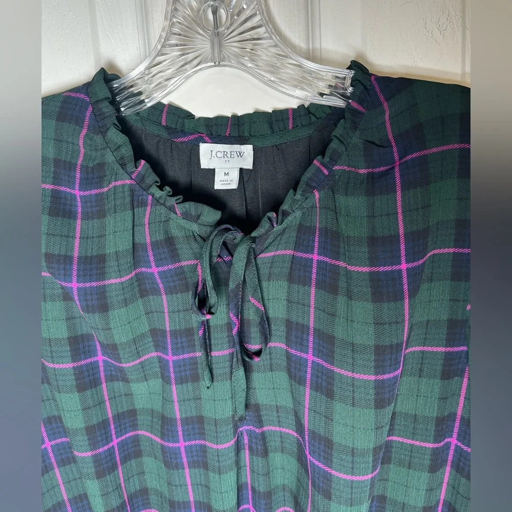J.CREW Dark Green Plaid Blouson Dress, Ruffle Tie Collar Puff Sleeve Size Medium